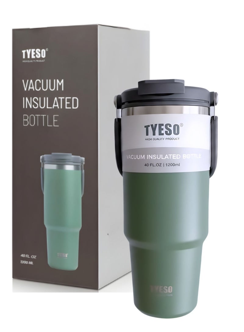 TYESO 1200ml Vacuum Insulated Tumbler 40oz Stainless Steel Travel Mug with Handle & Lid – Double Wall Thermal Water Bottle for Hot & Cold Drinks, Leakproof Large Capacity Cup – Green - Image 1